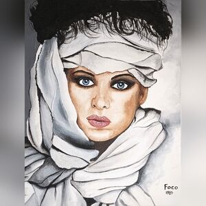 Original Painting Signed Vintage 1985 Blue Eyed Woman In Turban